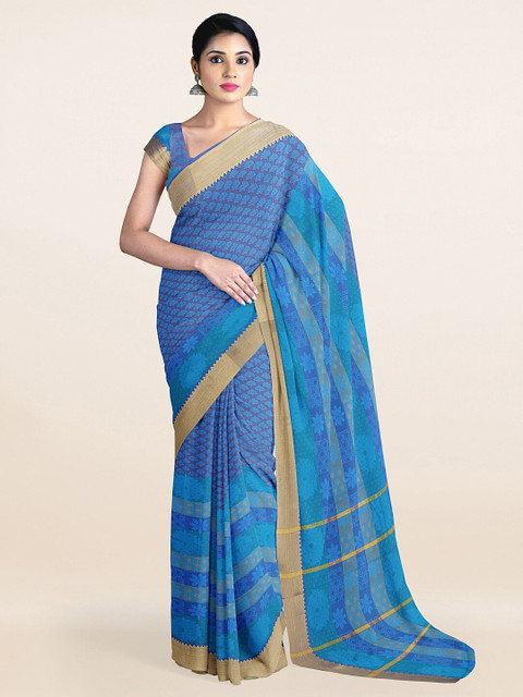 

Pothys Blue & Gold-Toned Geometric Printed Zari Art Silk Saree