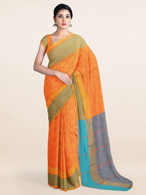 

Pothys Orange & Green Ethnic Motifs Printed Zari Saree
