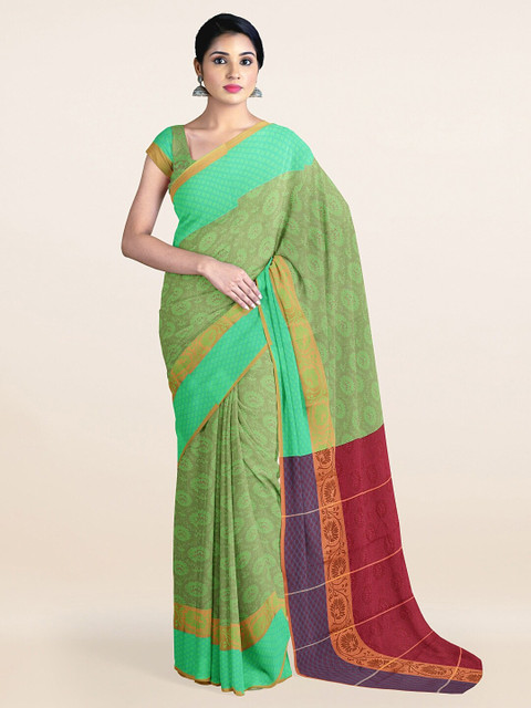 

Pothys Gold & Green Ethnic Motifs Printed Zari Saree