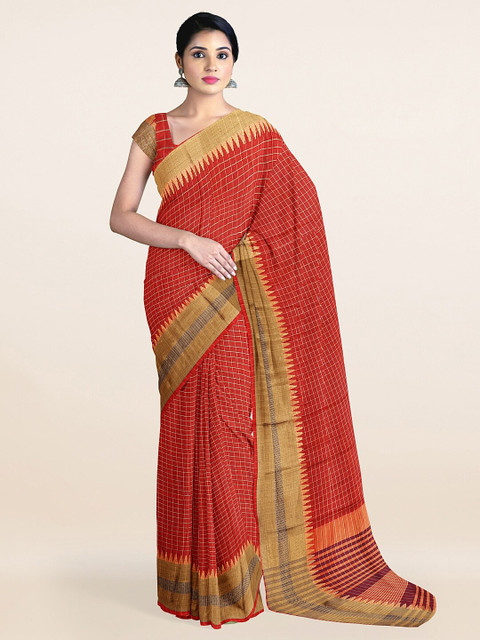 

Pothys Red & Brown Checked Zari Saree