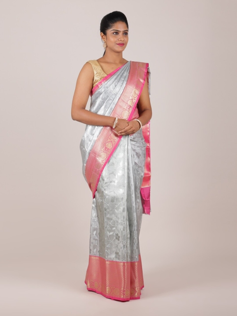 

Pothys Grey & Pink Floral Organza Saree