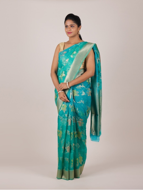 

Pothys Green & Gold-Toned Woven Design Zari Organza Saree