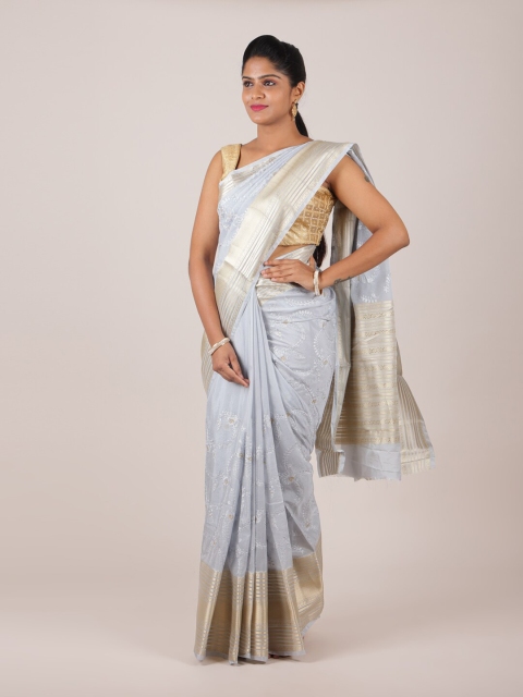 

Pothys Grey & Gold-Toned Floral Printed Zari Organza Saree