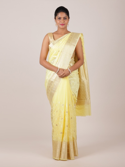 

Pothys Yellow & Gold-Toned Floral Embroidered Zari Organza Saree