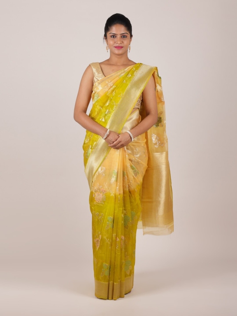 

Pothys Green & Gold-Toned Floral Zari Organza Saree