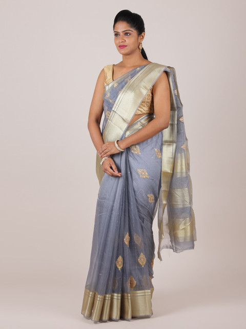 

Pothys Grey & Gold-Toned Woven Design Zari Organza Saree