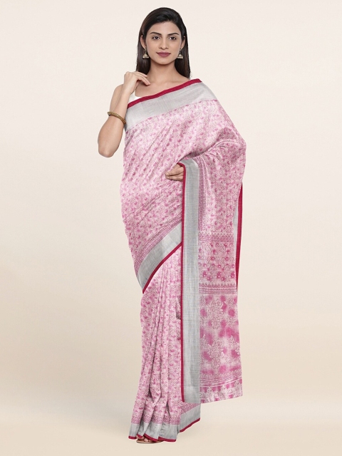 

Pothys Woman Pink & Silver-Toned Floral Zari Saree
