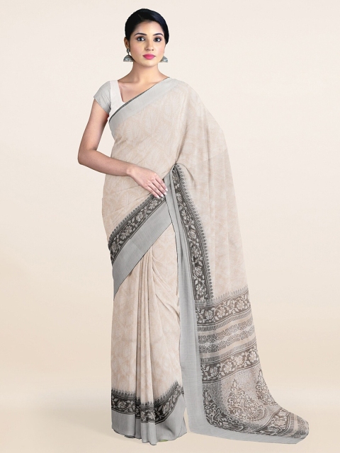 

Pothys Off White & Brown Ethnic Motifs Printed Zari Saree