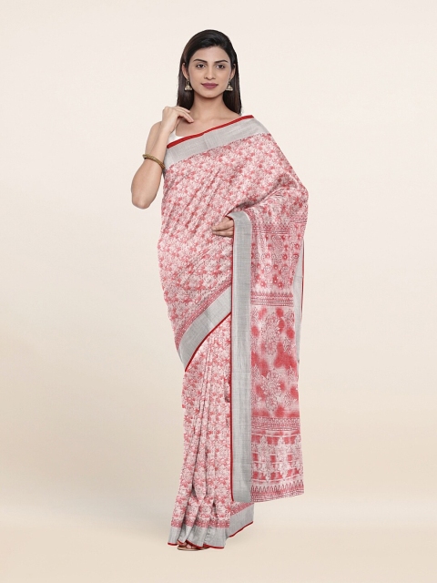 

Pothys Red & Silver-Toned Floral Printed Zari Saree