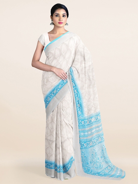 

Pothys Off White & Blue Floral Printed Zari Saree