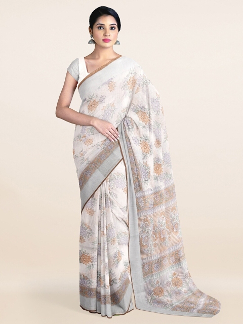 

Pothys Off-White & Peach-Coloured Floral Printed Zari Saree