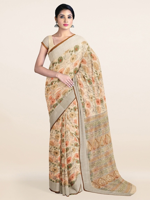 

Pothys Cream-Coloured & Brown Cotton Blend Floral Saree