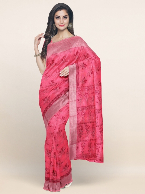 

Pothys Pink & Silver-Toned Floral Zari Saree