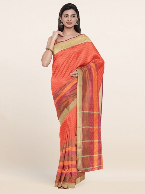 

Pothys Orange & Gold-Toned Floral Zari Art Silk Saree