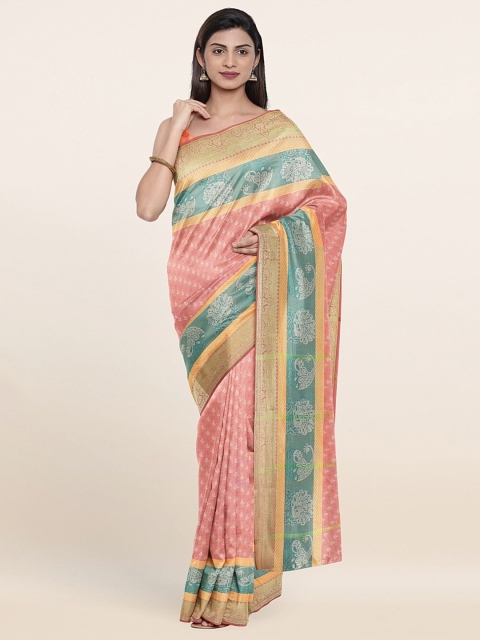 

Pothys Peach-Coloured & Blue Ethnic Motifs Zari Art Silk Saree