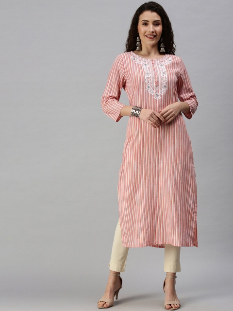

SHOWOFF Women Orange Cotton Striped Round Neck Three-Quarter Sleeves Straight Kurta