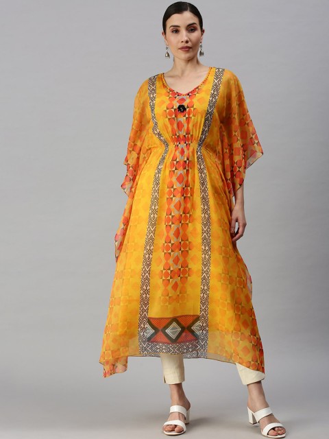 

SHOWOFF Women Yellow Ethnic Motif Kaftan Flared Sleeves Kurta