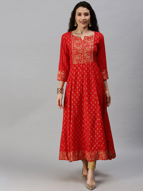 

SHOWOFF Women Red & Gold-Toned Floral Printed Mirror Work Cotton Blend Anarkali Kurta