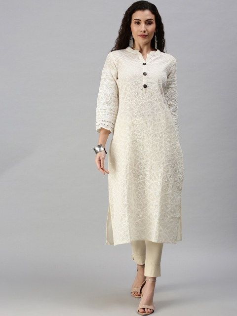 

SHOWOFF Women Cream-Coloured & White Mandarin Collar Chikankari Straight Kurta