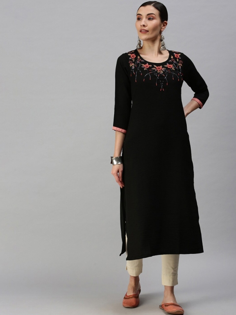 

SHOWOFF Women Black Floral Sequinned Straight Kurta