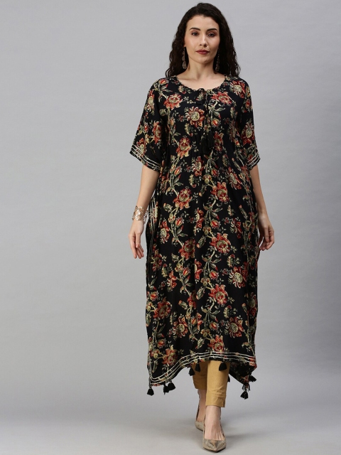 SHOWOFF Women Black Floral Kaftan Flared Sleeves Kurta