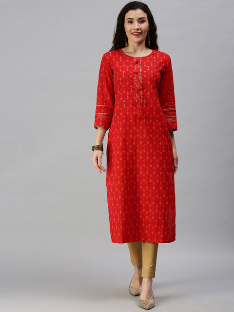 

SHOWOFF Women Red Ethnic Motifs Printed Round Neck Gotta Patti Straight Kurta
