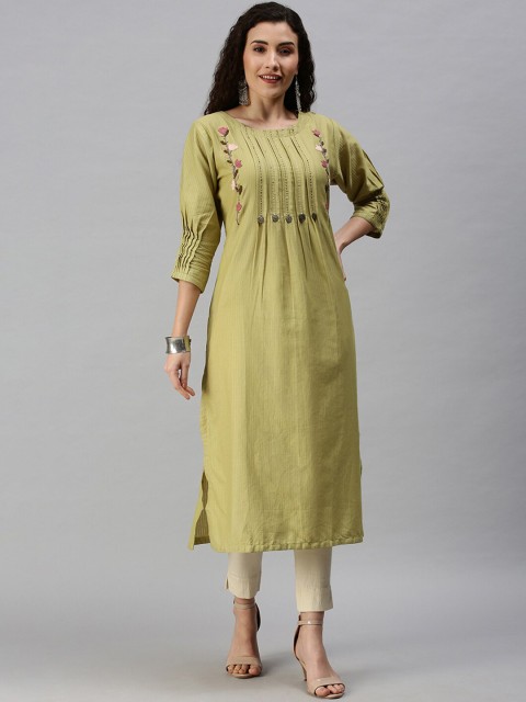 

SHOWOFF Women Green Floral Embroidered Thread Work Floral Kurta