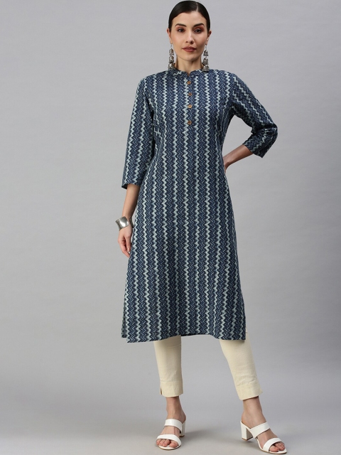 

SHOWOFF Women Navy Blue & Grey Chevron Printed Mandarin Collar Cotton Straight Kurta