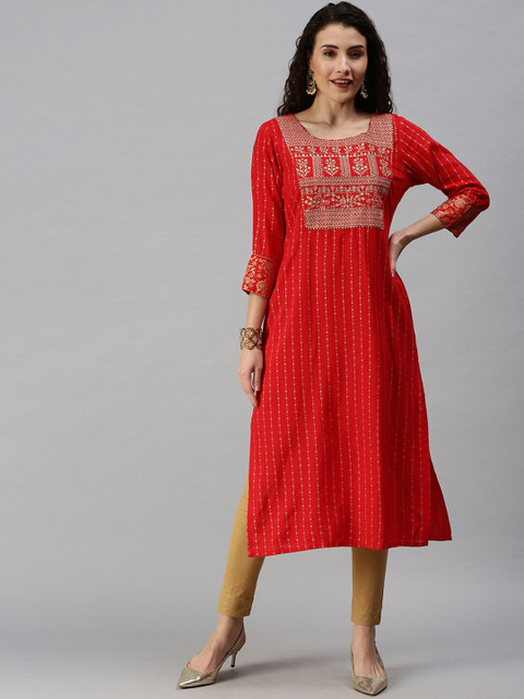 

SHOWOFF Women Red Cotton Ethnic Motifs Printed Kurta