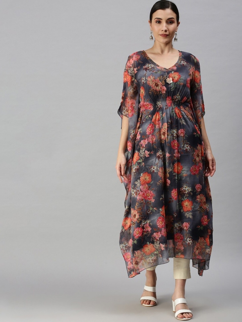 

SHOWOFF Women Navy Blue Floral Printed Poly Chiffon V-Neck Layered Kaftan Kurta