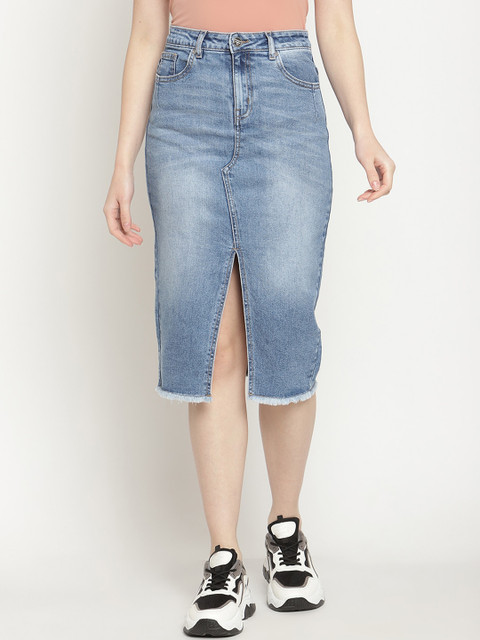 

Madame Women Blue Solid Denim Knee-Length Pencil Skirt