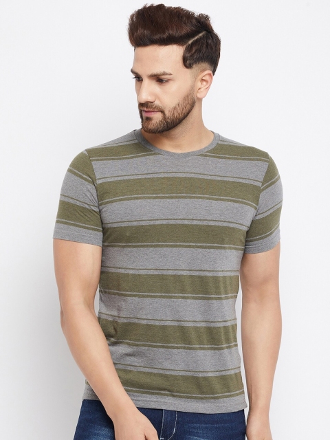 

HARBORNBAY Men Olive Green Striped Regular Fit Round Neck T-shirt