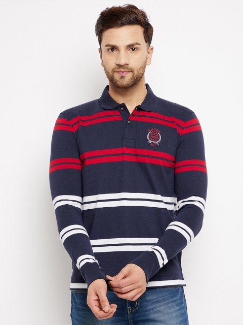

HARBORNBAY Men Navy Blue Striped Polo Collar T-shirt