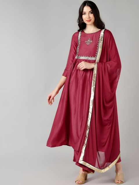 

AHIKA Women Maroon Embroidered Kurta with Churidar & With Dupatta