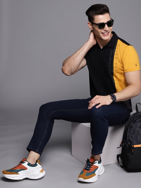 

Allen Solly Tribe Men Black & Yellow Brand Logo Colourblocked Polo Collar T-shirt