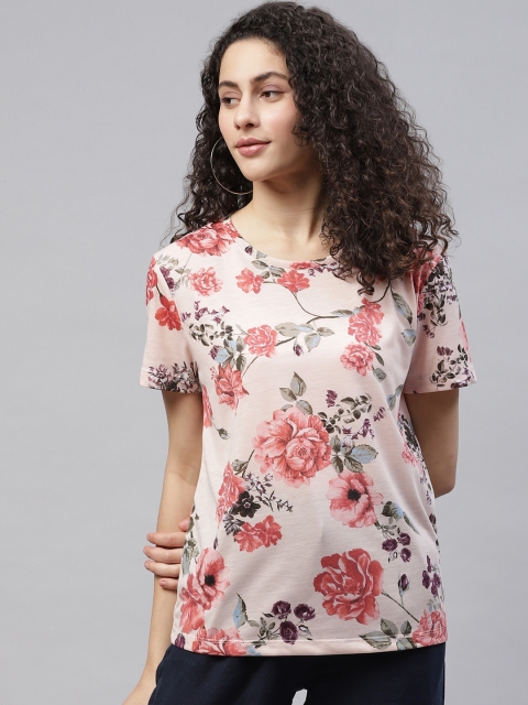 

Marks & Spencer Women Peach-Coloured & Green Floral Printed T-shirt