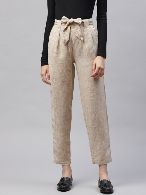 

Marks & Spencer Women Beige Pure Linen Tapered Fit Pleated Trousers