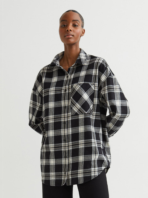 

H&M Women White & Black Checked Oversized Flannel Shirt
