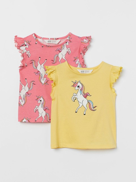 

H&M Girls Pack Of 2 Pink & Yellow Printed Pure Cotton Jersey Tops
