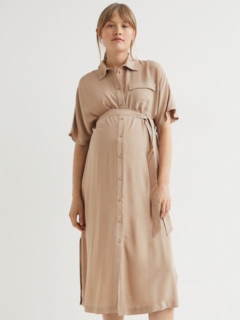 

H&M MAMA Tie-Belt Shirt Dress, Beige