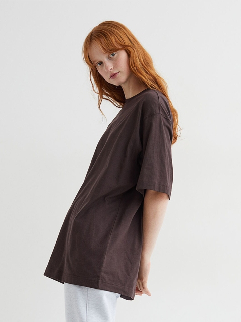 

H&M Women Brown Solid Round Neck Cotton Wide T-shirt