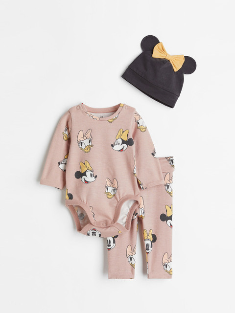 

H&M Girls Grey & Pink Mickey Mouse Printed 3-piece jersey set
