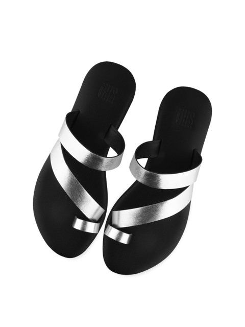 

SKO Women Silver-Toned & Black Leather Open Toe Flats