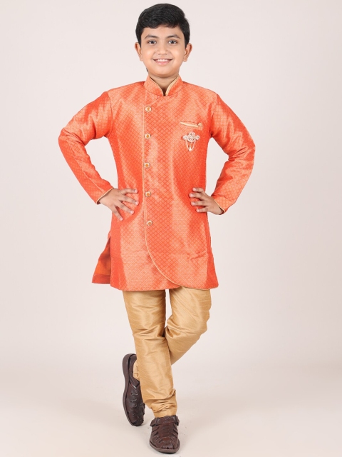 

Pothys Boys Orange & Khaki Woven Design Sherwani Set