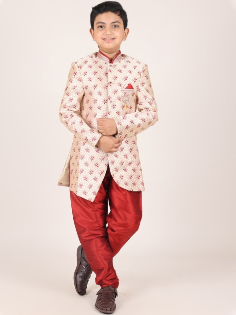 

Pothys Boys Beige & Maroon Printed Jacquard Sherwani Set