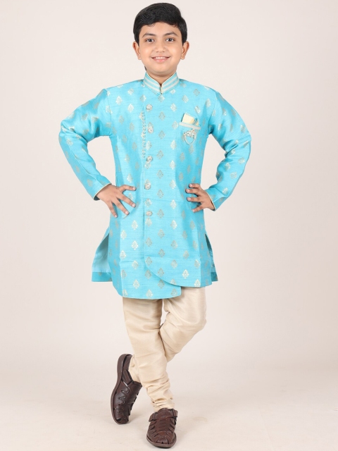

Pothys Boys Blue & Cream Printed Jacquard Sherwani Set