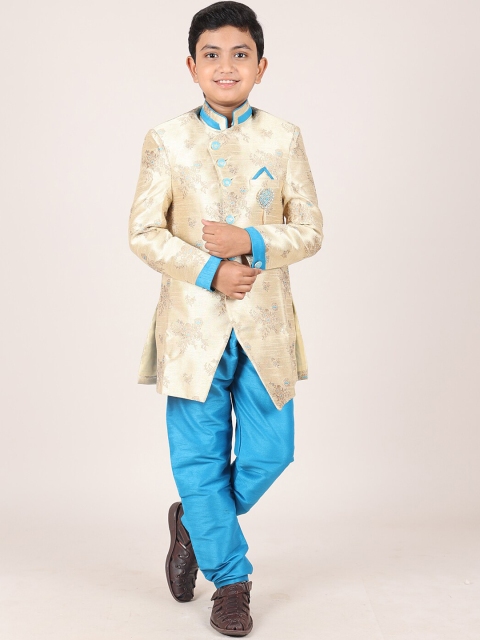 

Pothys Boys Cream & Blue Floral Jacquard Sherwani Set