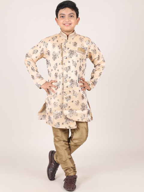 

Pothys Boys Cream & Khaki Floral Jacquard Sherwani Set