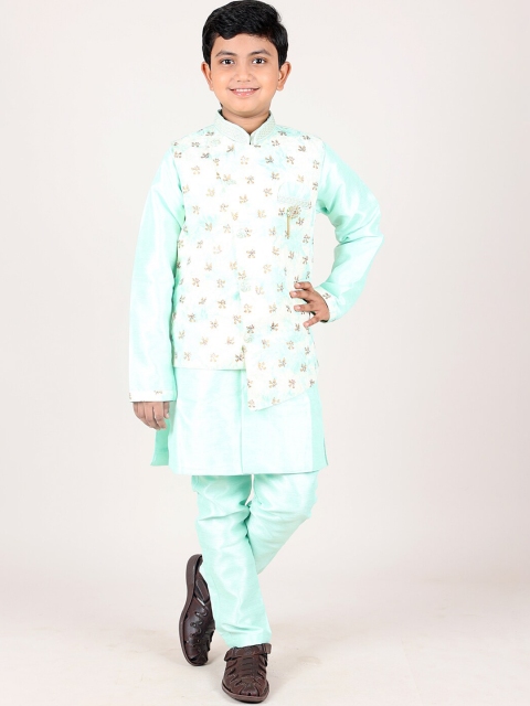 

Pothys Boys Turquoise Blue Jacquard Kurta with Trousers & Nehru Jacket