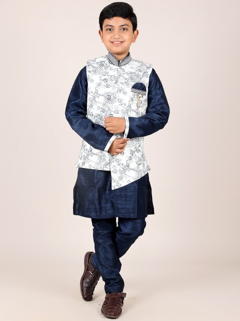 

Pothys Boys White And Blue Jacquard Top & Silk Blend Bottom Sherwani